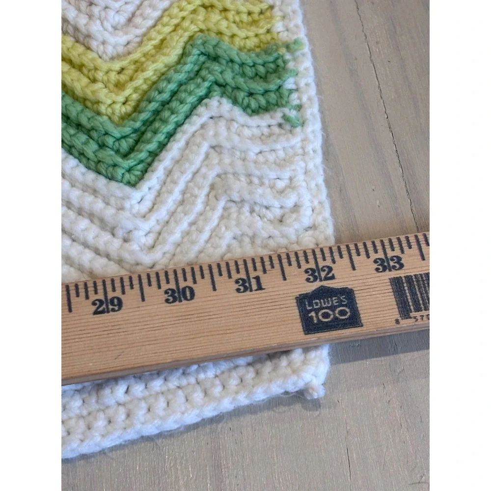 Vintage Handmade Crochet Chevron‎ Baby Blanket White Green Yellow Zig Zag Fringe